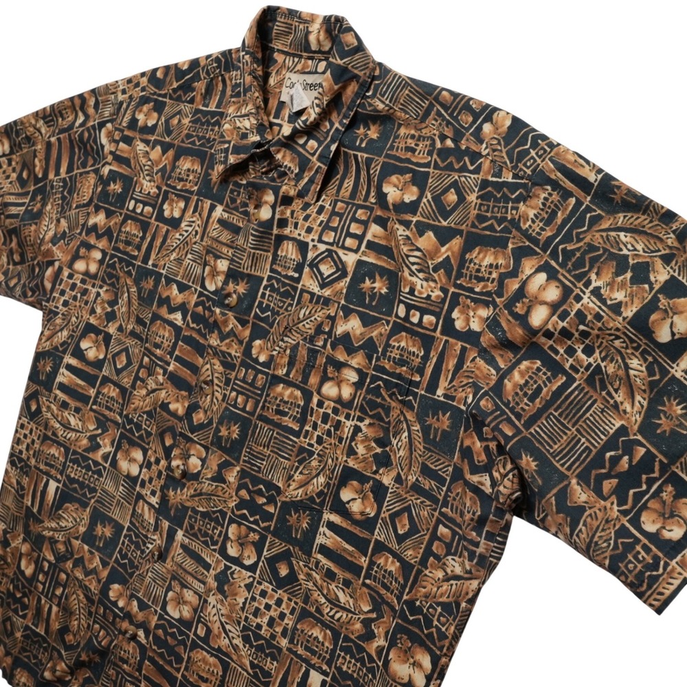 Cooke Street Hawaiin Shirt Mens Aloha Medium Brown Tribal Print Made Hawaii‎ USA